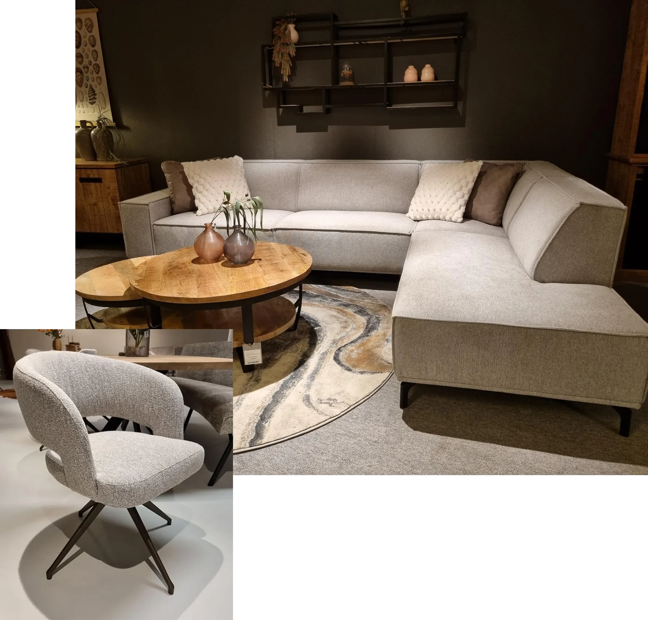 Grijze hoekbank met bijzet tafels en grijze stoel